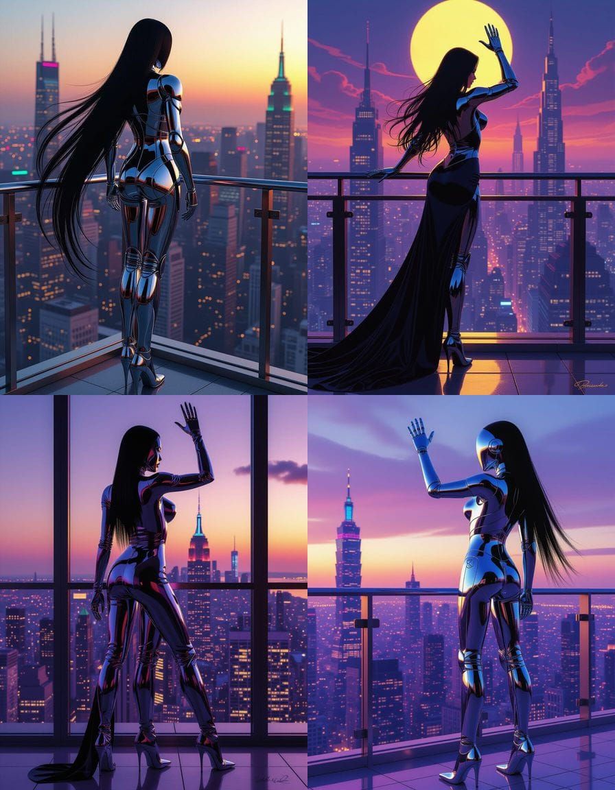 Robot Domina Surveys Cyberpunk Cityscape in Sorayama Style