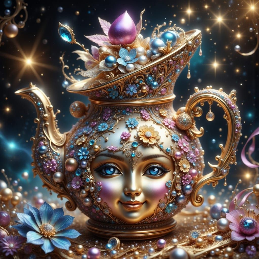 Ornate Jewel-Encrusted Teapot with Smiling Face