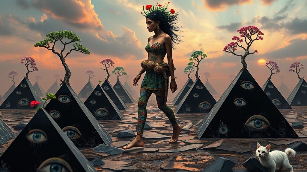 Surreal Goddess of the Landscapes Walks on Shattered Mirrors