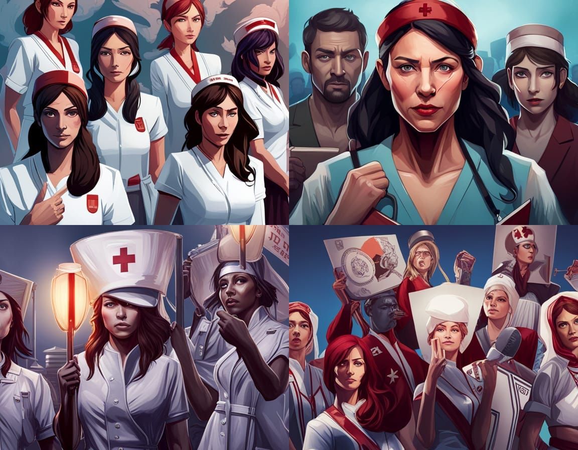 Nurses Protest Portrait in Hyperdetailed Art Nouveau Style