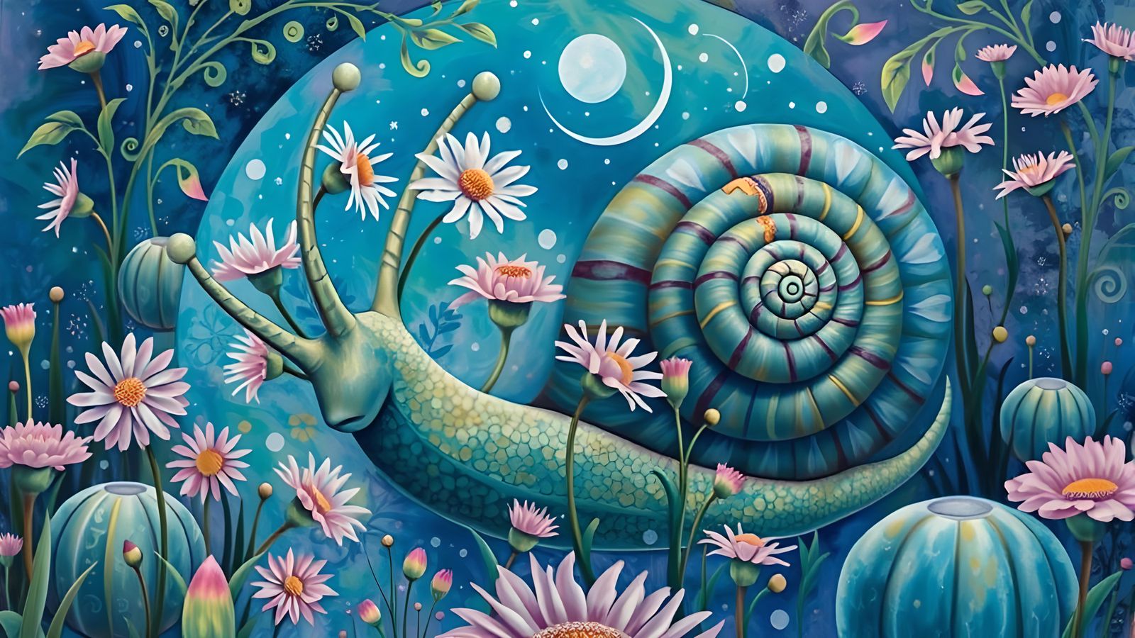 Snail with Green Hair in Expressionist Fairy Meadow