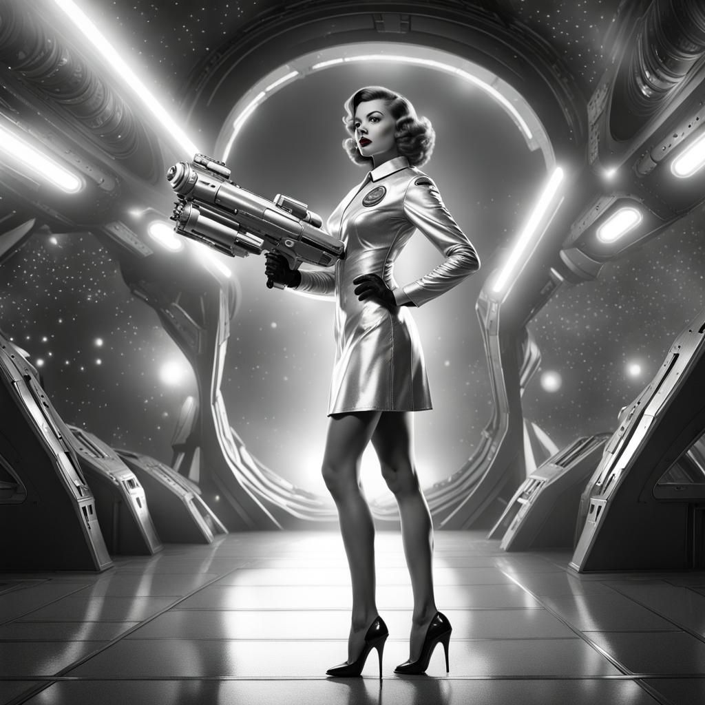 Sci-Fi Woman with Ray Gun in 1950s Style