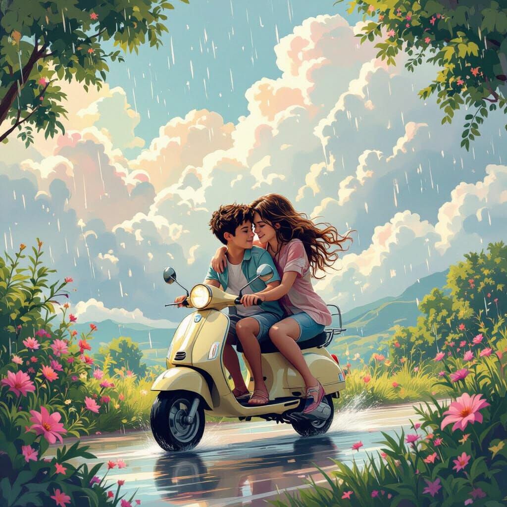 Teenage Couple in Rainy Landscape, Dreamy Matte Painting