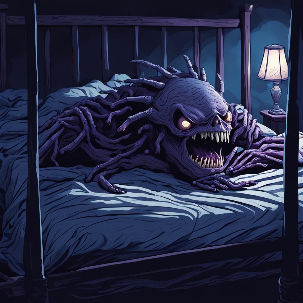 Eerie Monster Under Bed: Dark Fantasy Illustration