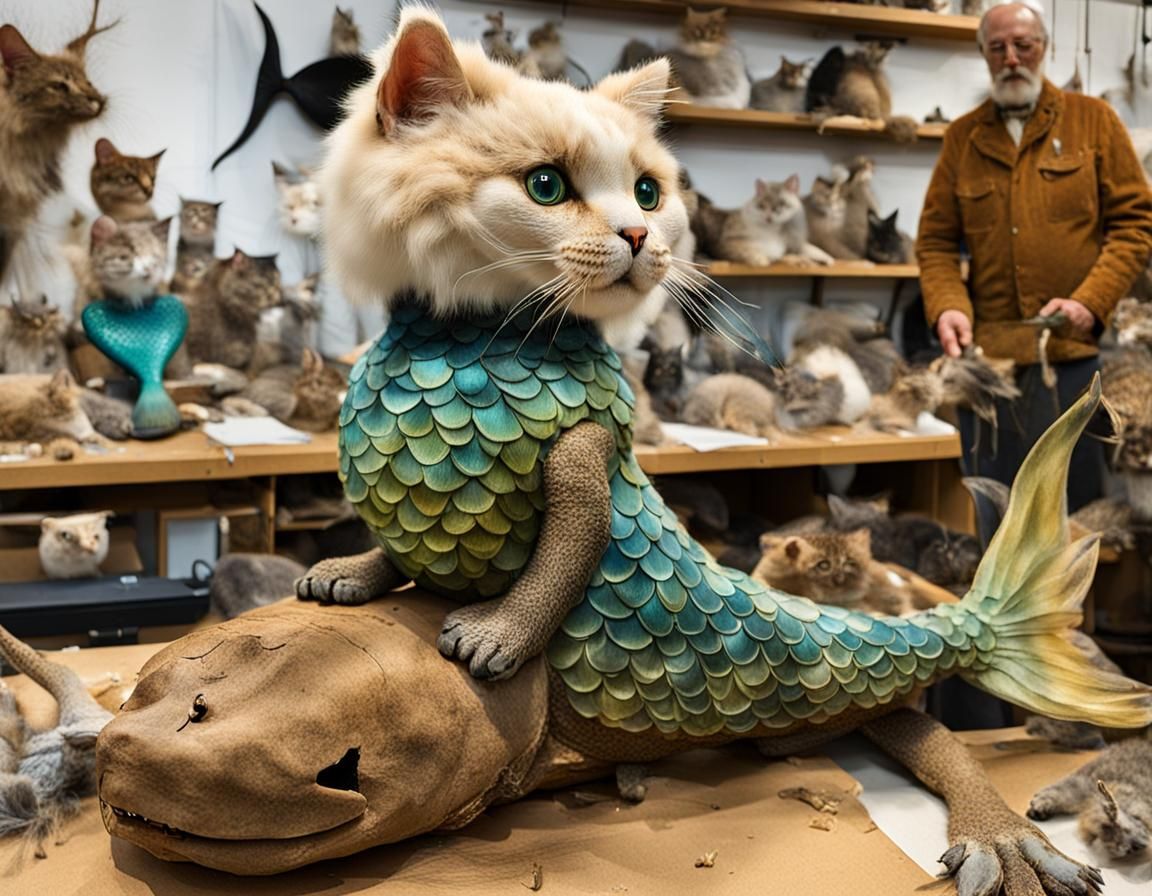 Taxidermied Cat Mermaid in Workshop