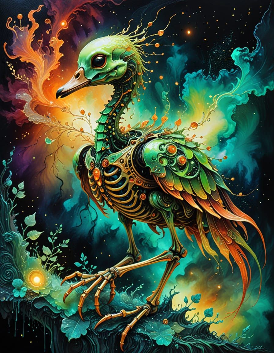 Cyberpunk Skeleton in Neon City, Mixed Media Art