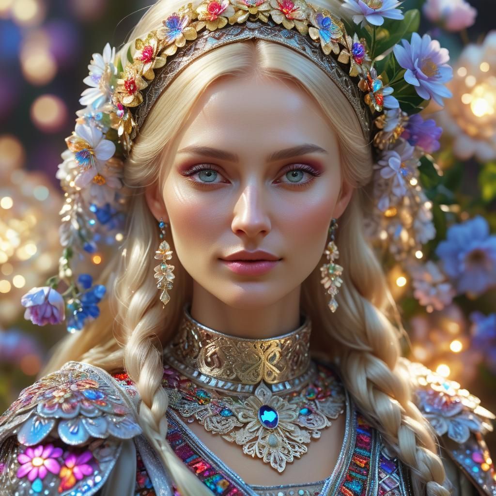 Portrait of Russian Woman in Glowing Slavic Clothing