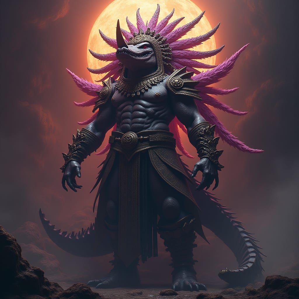 Imposing Crocodile Goddess in Aztec Regalia