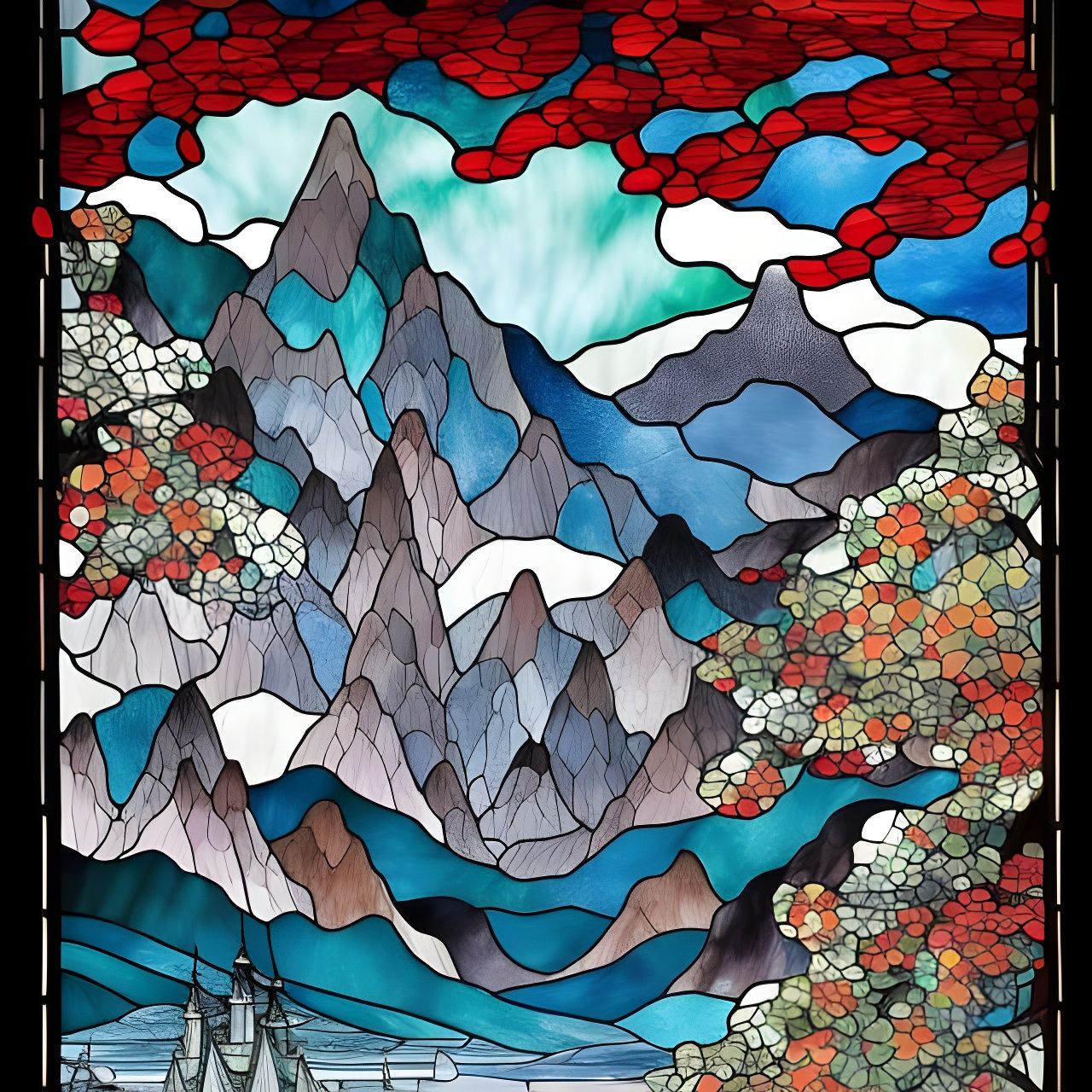 Stained Glass Window with Snow Mountain View