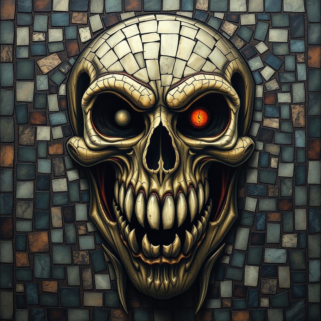 Macabre Mosaic Skull in Medieval Stained Glass Style
