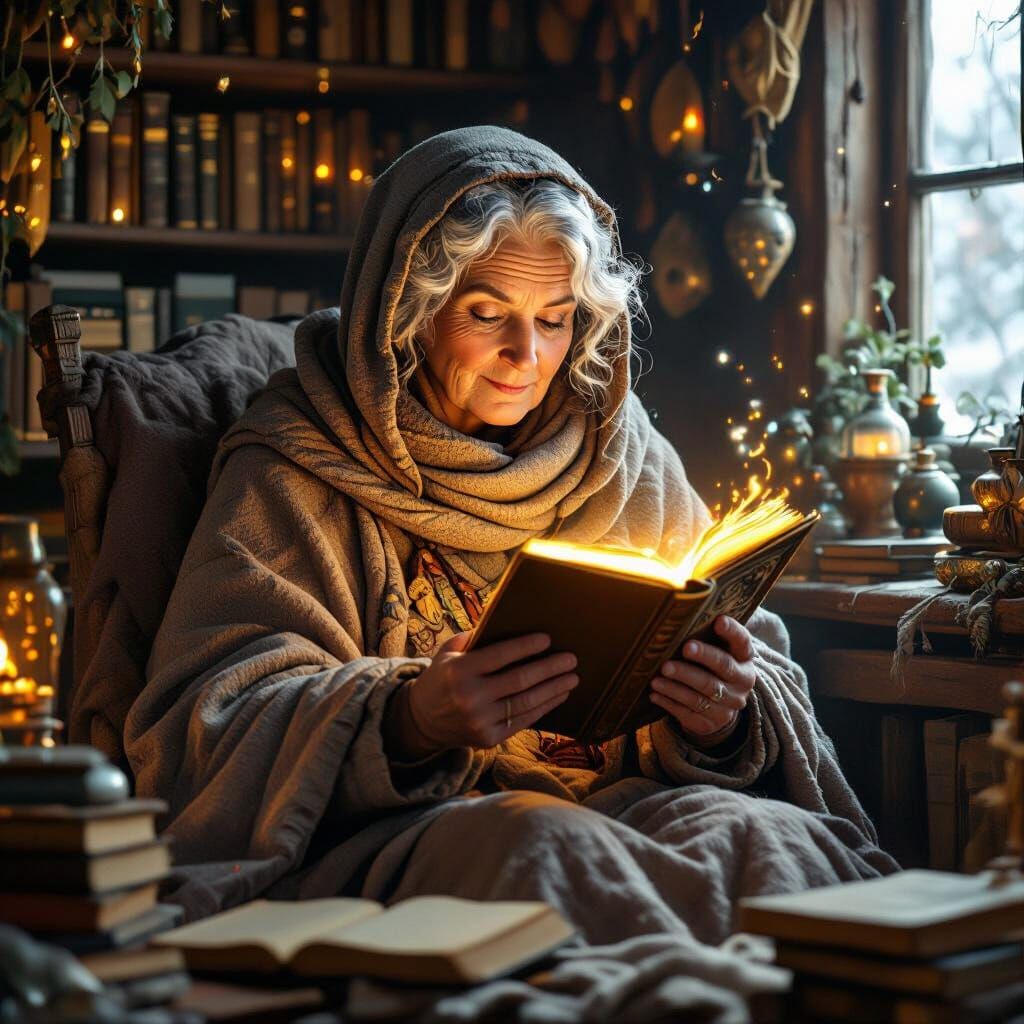 Cozy Cottage: Wise Woman Reading a Magical Book