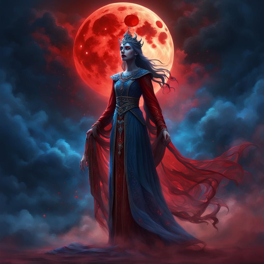 Mystical Princess Under Bloodmoon in Dark Fantasy Art