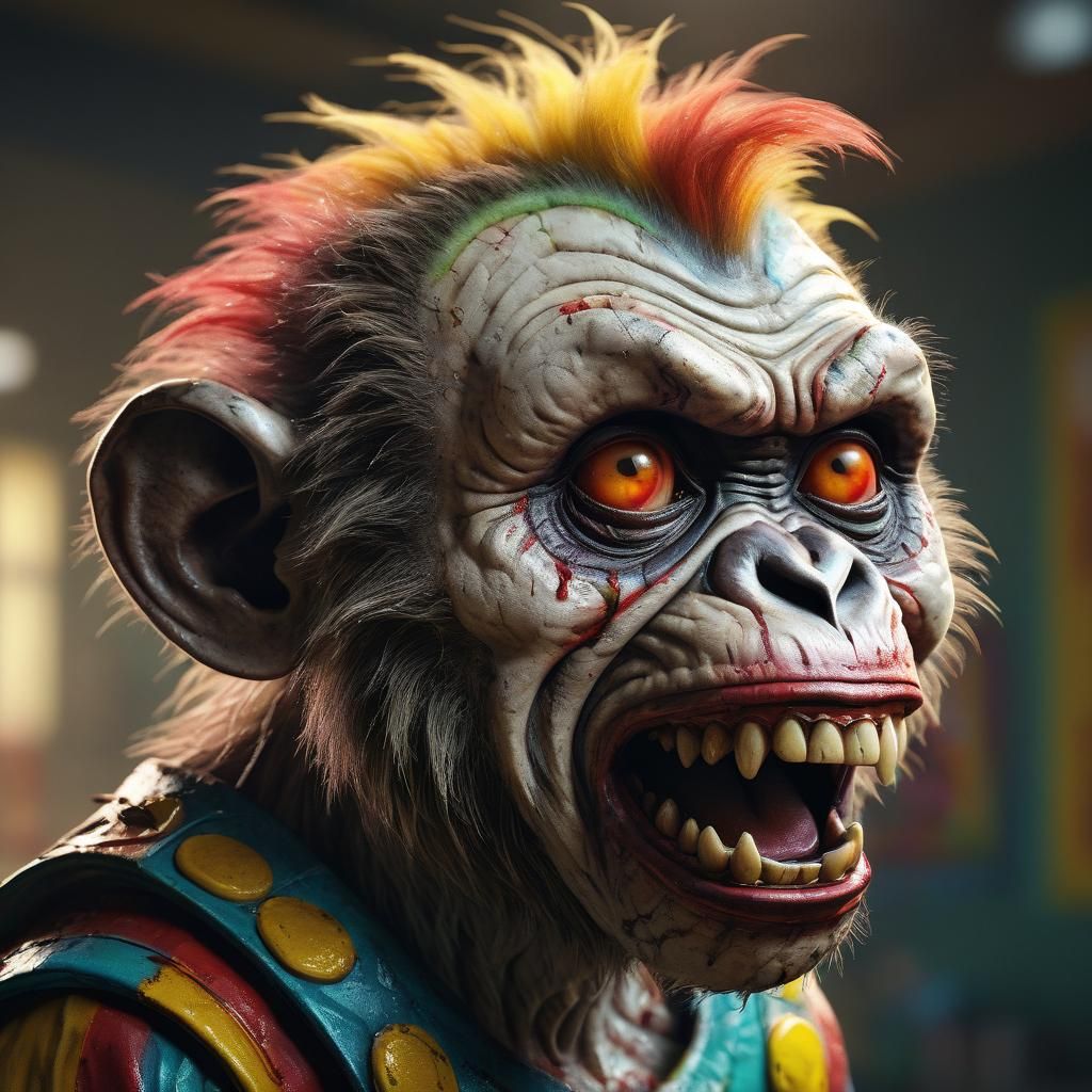 Hyperrealistic Zombie Monkey Clown Child in School
