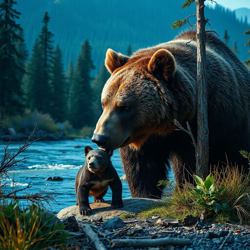 Grizzly Bear Family in Mountain Forest, Hyperrealistic Art