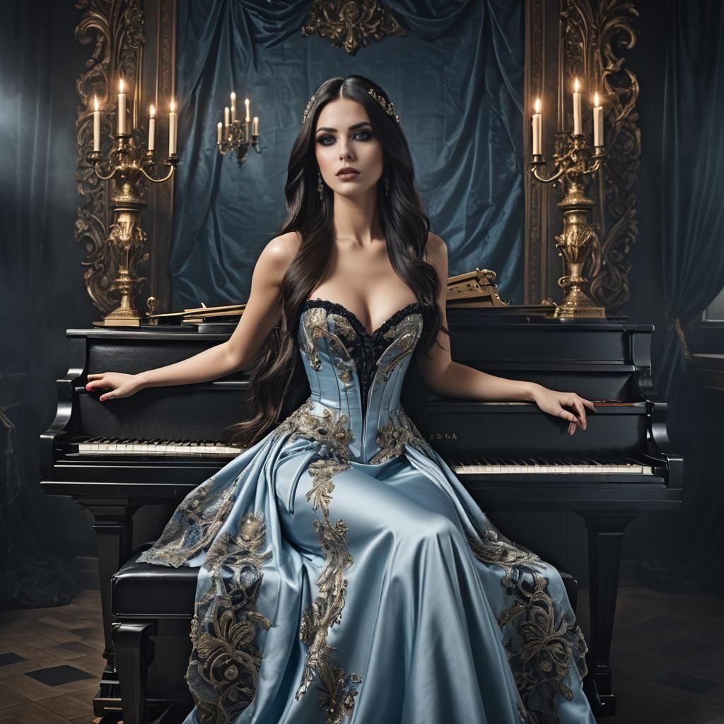 Woman at Piano in Hyperrealistic Charcoal Drawing