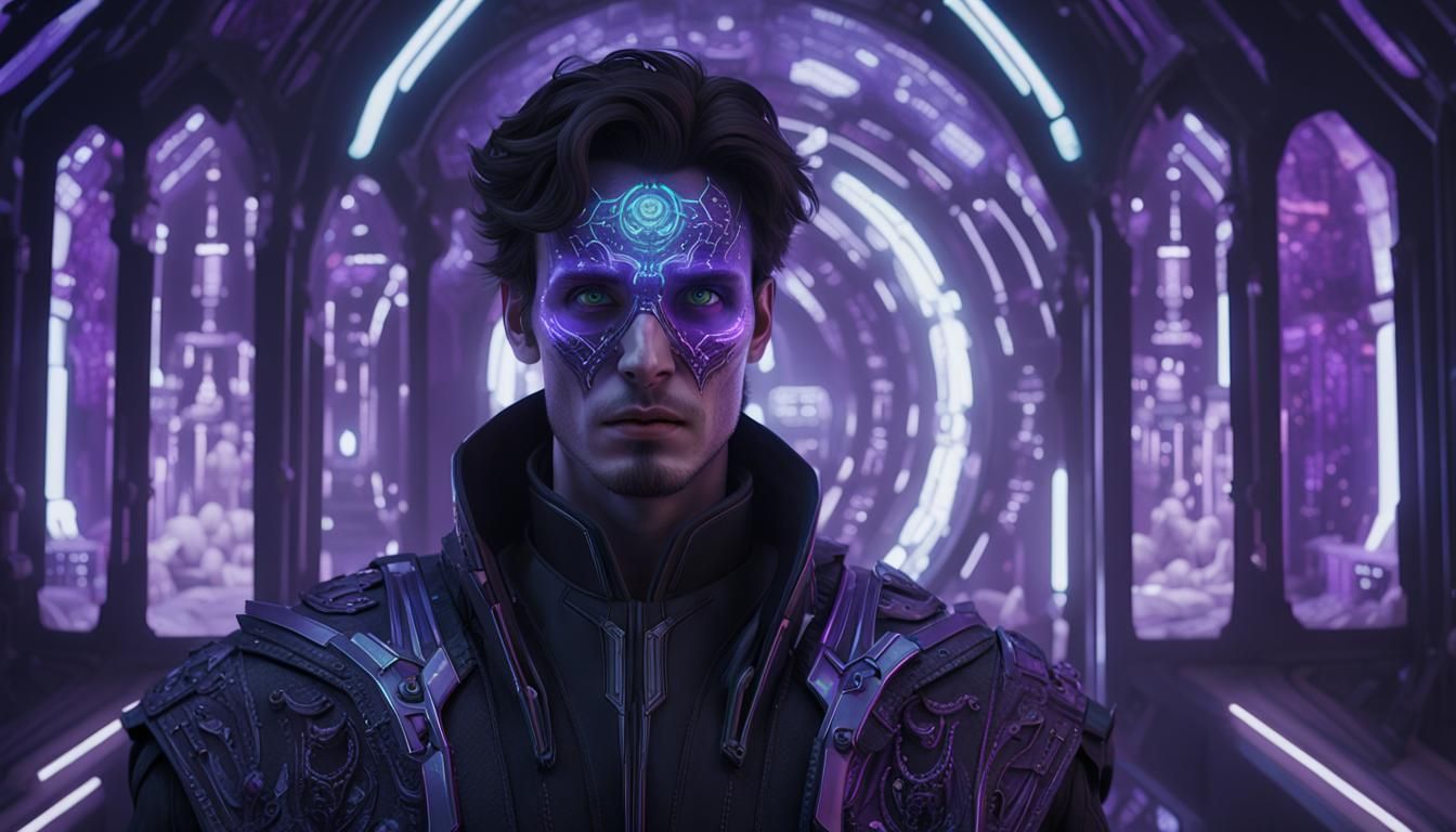 Futuristic Necromancer on Spaceship Bridge in Hyperrealism