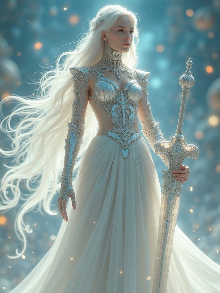 Regal Celestial Cyborg in Shimmering Silver and White