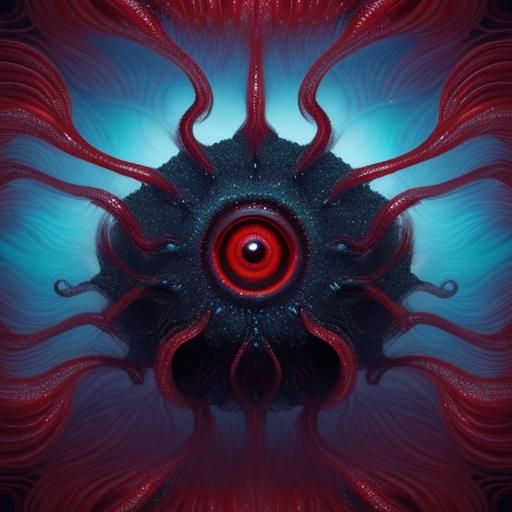 Iridescent Microscopic Alien Creatures in Red Ocean