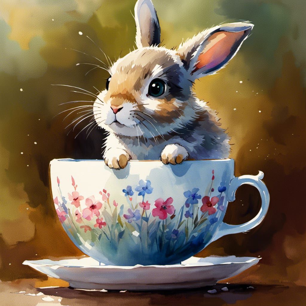 Watercolor Rabbit in Teacup with Dreamy Eyes