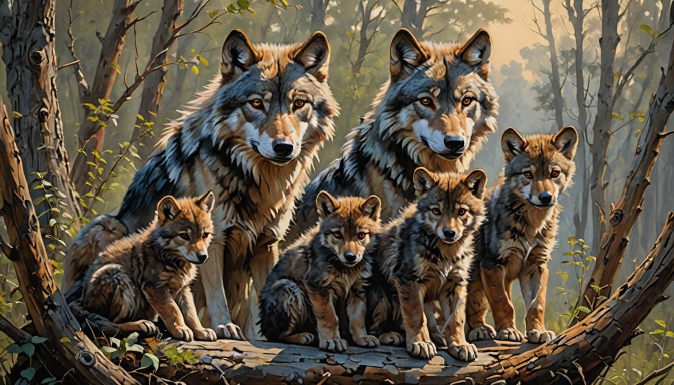 Wolf Family Portrait as Oil Painting