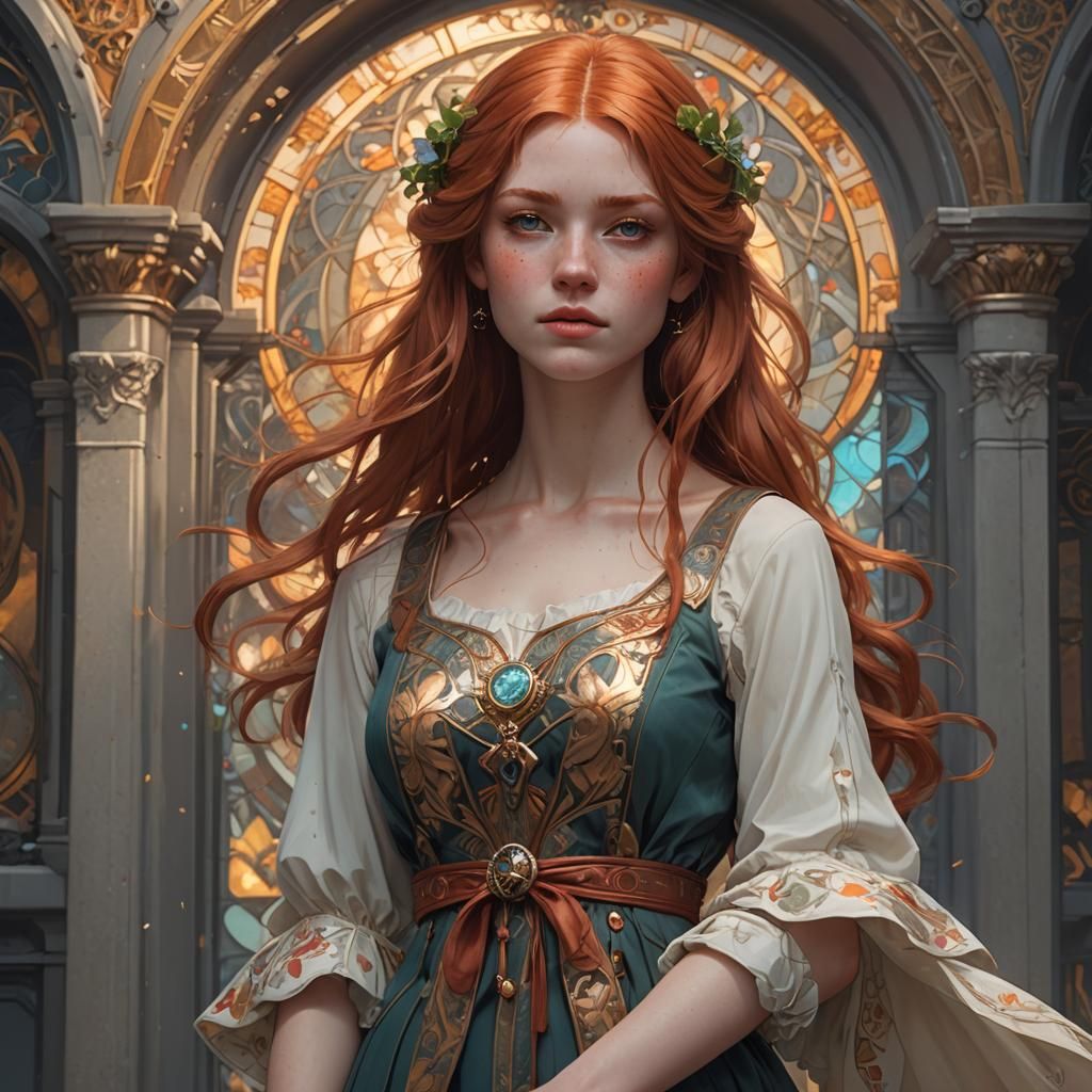 Full body shot of a slim, petite, redhead nineteen-year-old girl