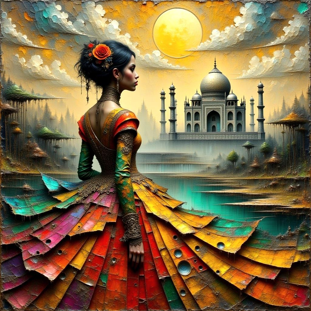 Surreal Oil Painting of Indian Woman at the Taj Mahal in Rus...