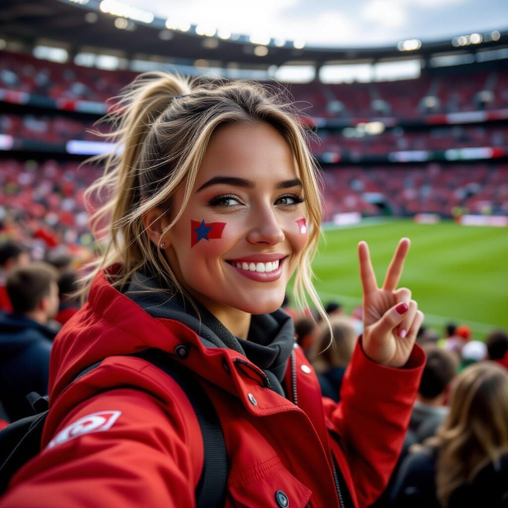 Woman Takes Selfie at Football Stadium in 4K