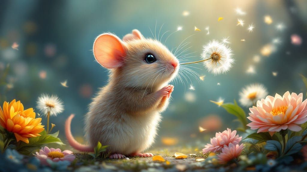 Mouse Blowing Dandelion in Whimsical Watercolor Forest