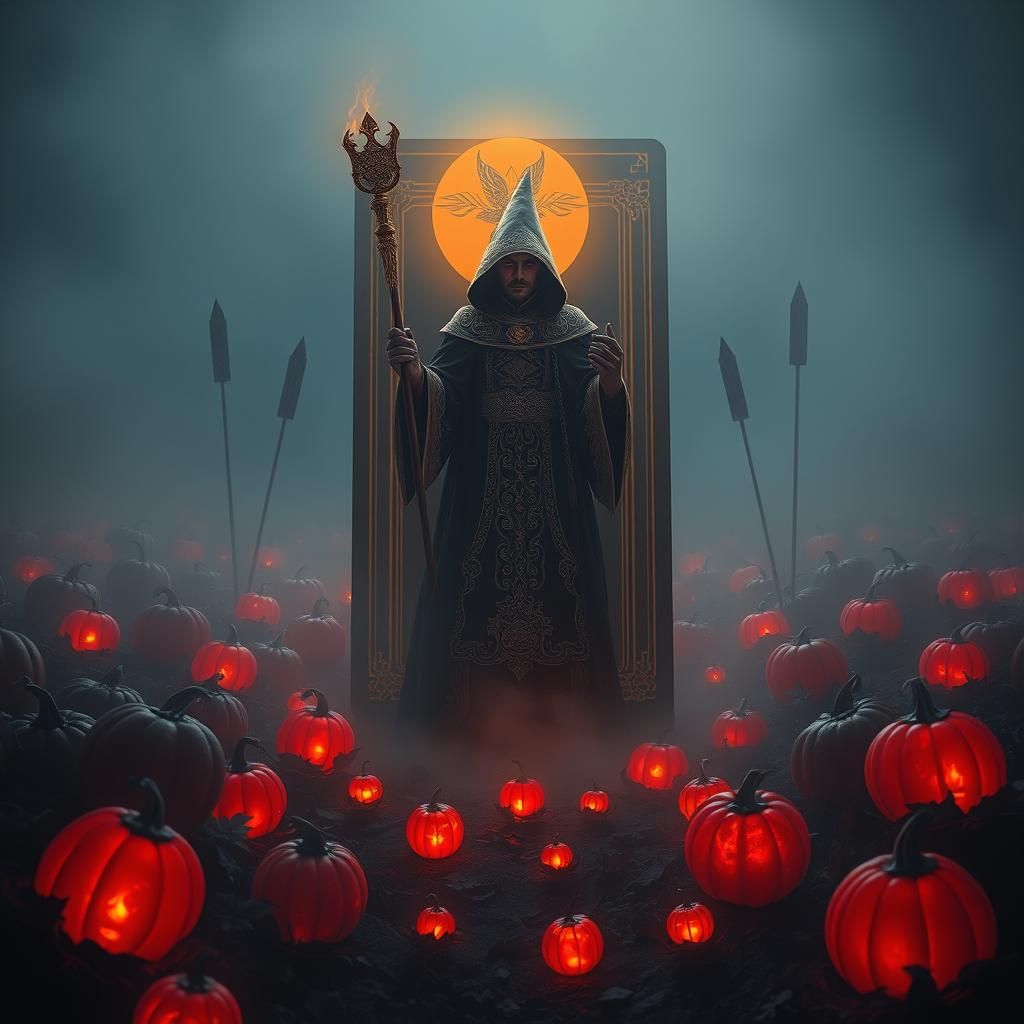 Mystical Sorcerer Emerges in Surreal Pumpkin Patch