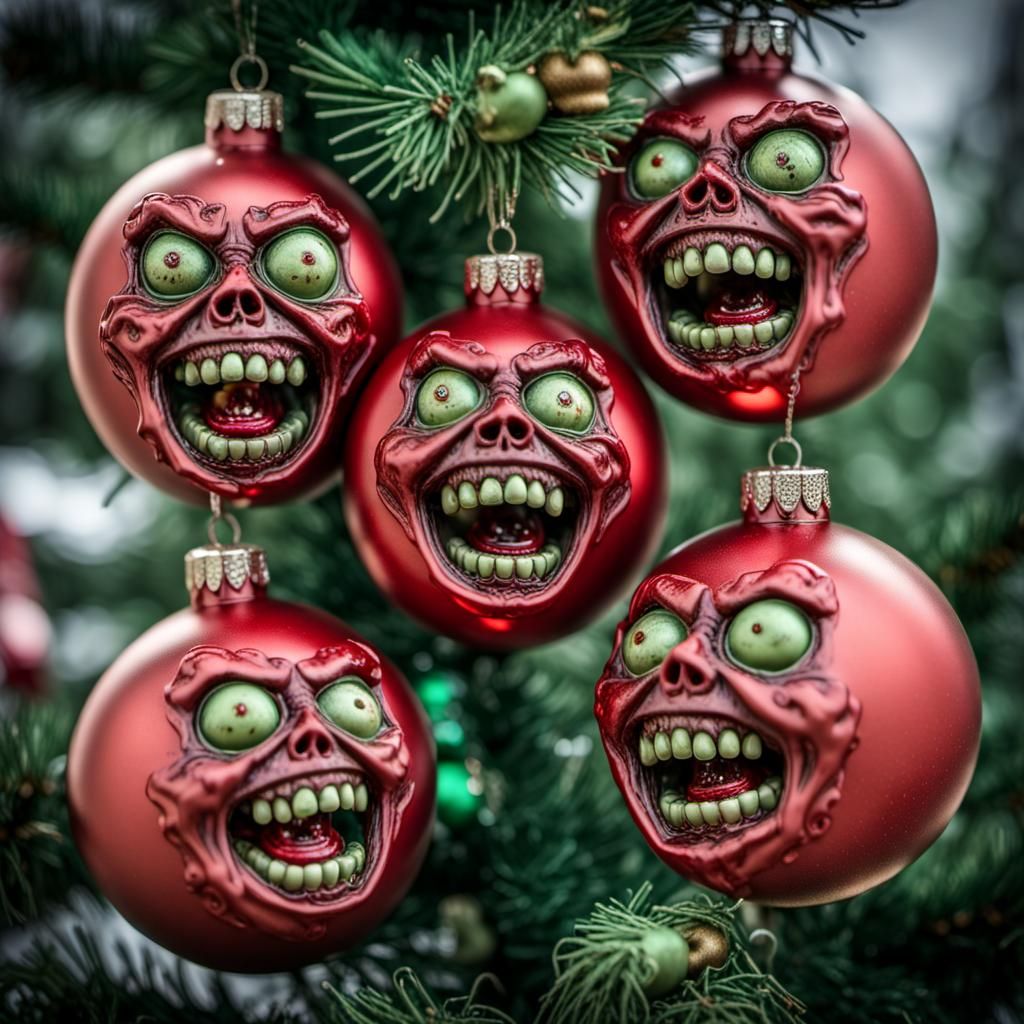 Zombie Christmas Ornaments on Tree, Hyperrealistic Style