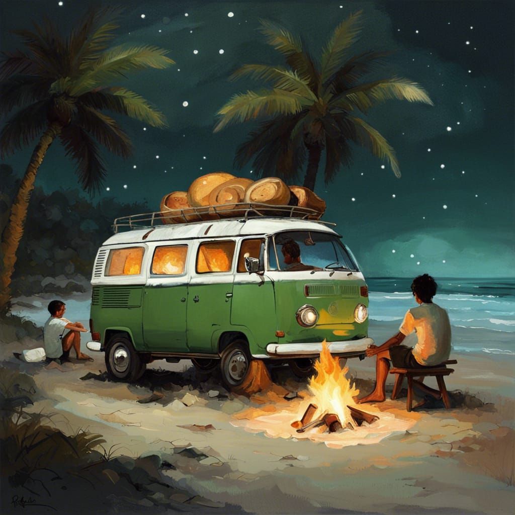 Vintage VW Van on Beach at Night, Painterly Style