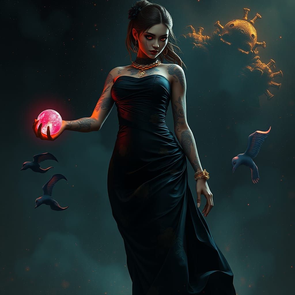 Gothic Woman with Cosmic Background, Digital Art