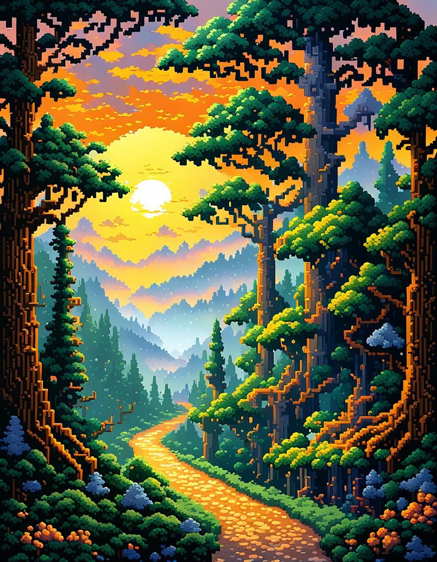 Magical Forest Sunset in Hyperdetailed Pixel Art