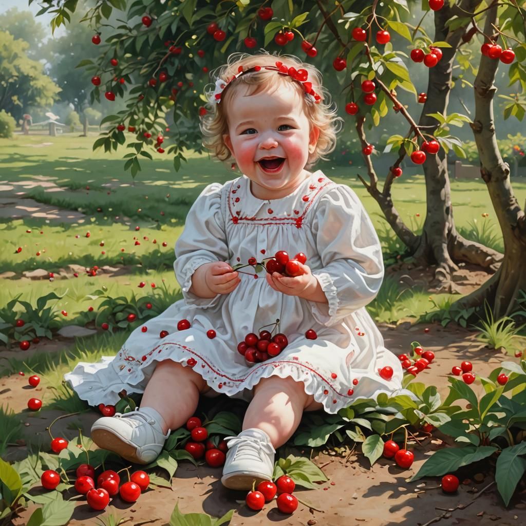 Baby Girl in Cherry Garden on Misty Morning