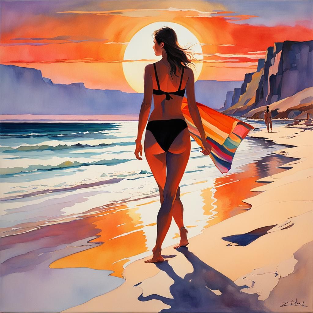 Beach Sunset Painting: Voluptuous Woman in Watercolor