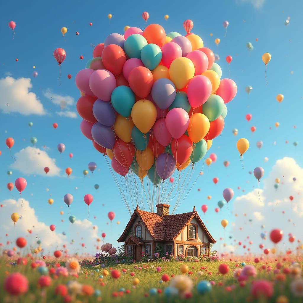 House from UP Floating with Colorful Balloons
