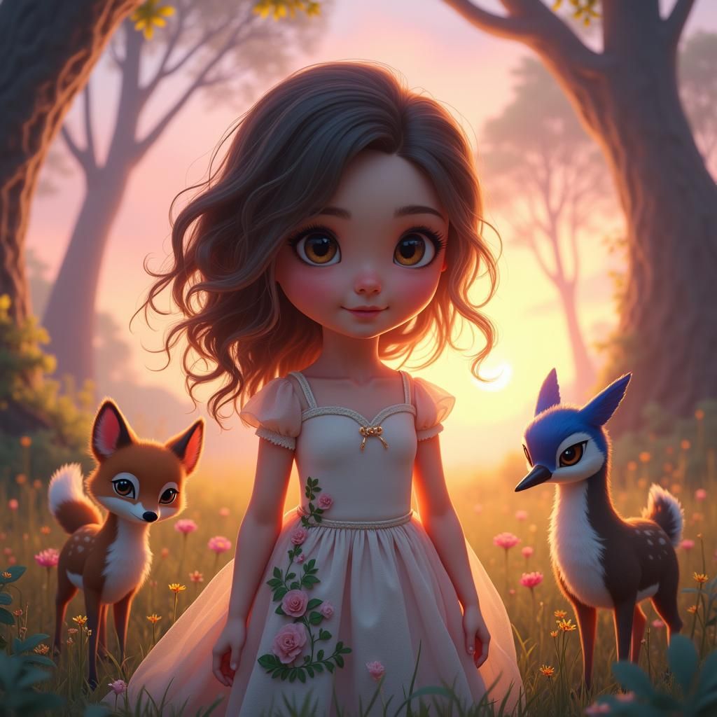 Enchanted Girl with Forest Creatures in Digital Art