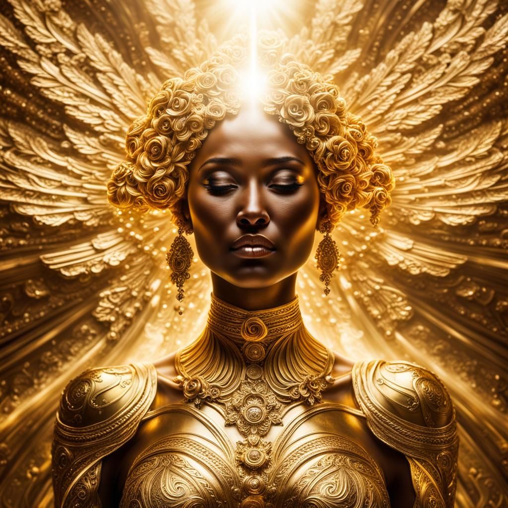 Woman in Liquid Gold: Divine Sunshine Portrait