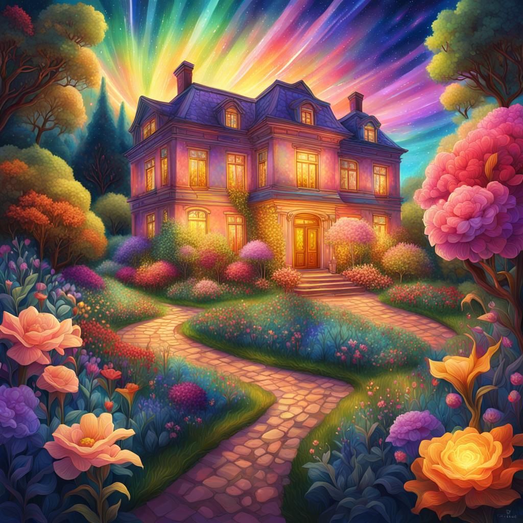 Lush Mansion Garden with Astral Aurora, in Mixed Media