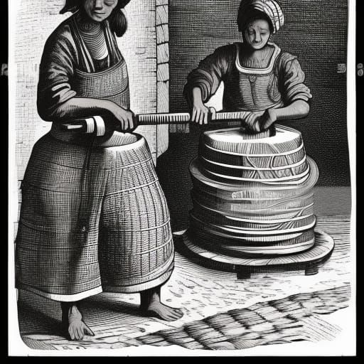 Women Forging Wheel: Linocut Charcoal Drawing
