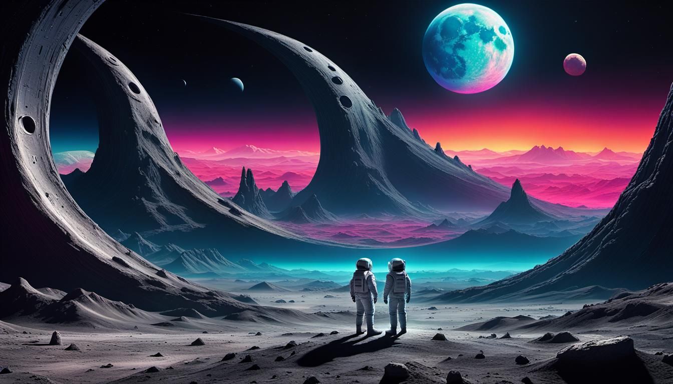 Humans and Aliens Meet on the Moon: Synthwave Style