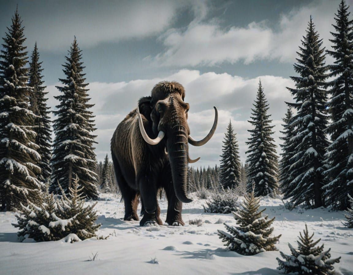 Woolly Mammoth in Snowy Field Cinematic Film Still