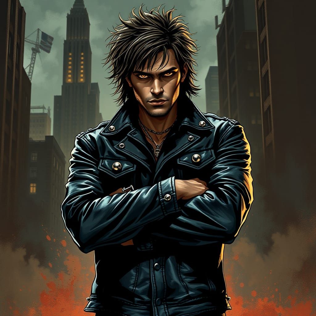 Brooding Rockstar Defies Cityscape: Comic Book Aesthetic