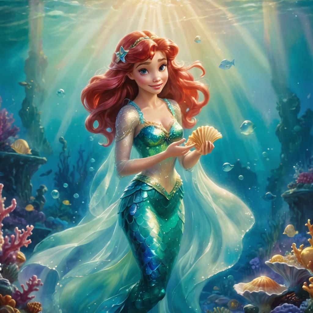 Ariel Holding Seashell: Disney-Inspired Fantasy Art