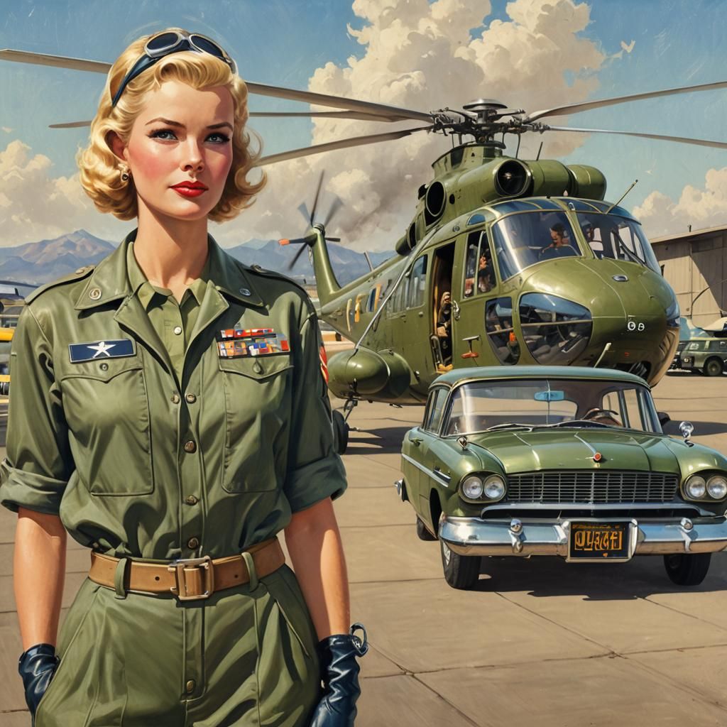 1950s Aviation Concept Art: Blonde Pilot and Helicopter