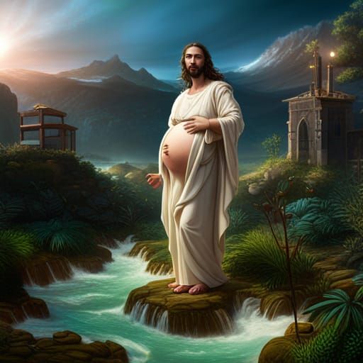 Pregnant Jesus: Detailed Matte Painting in Deep Color