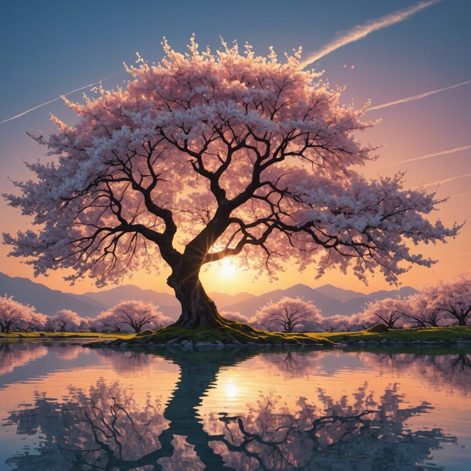 Cherry Blossoms in Bloom with Sunset Rays