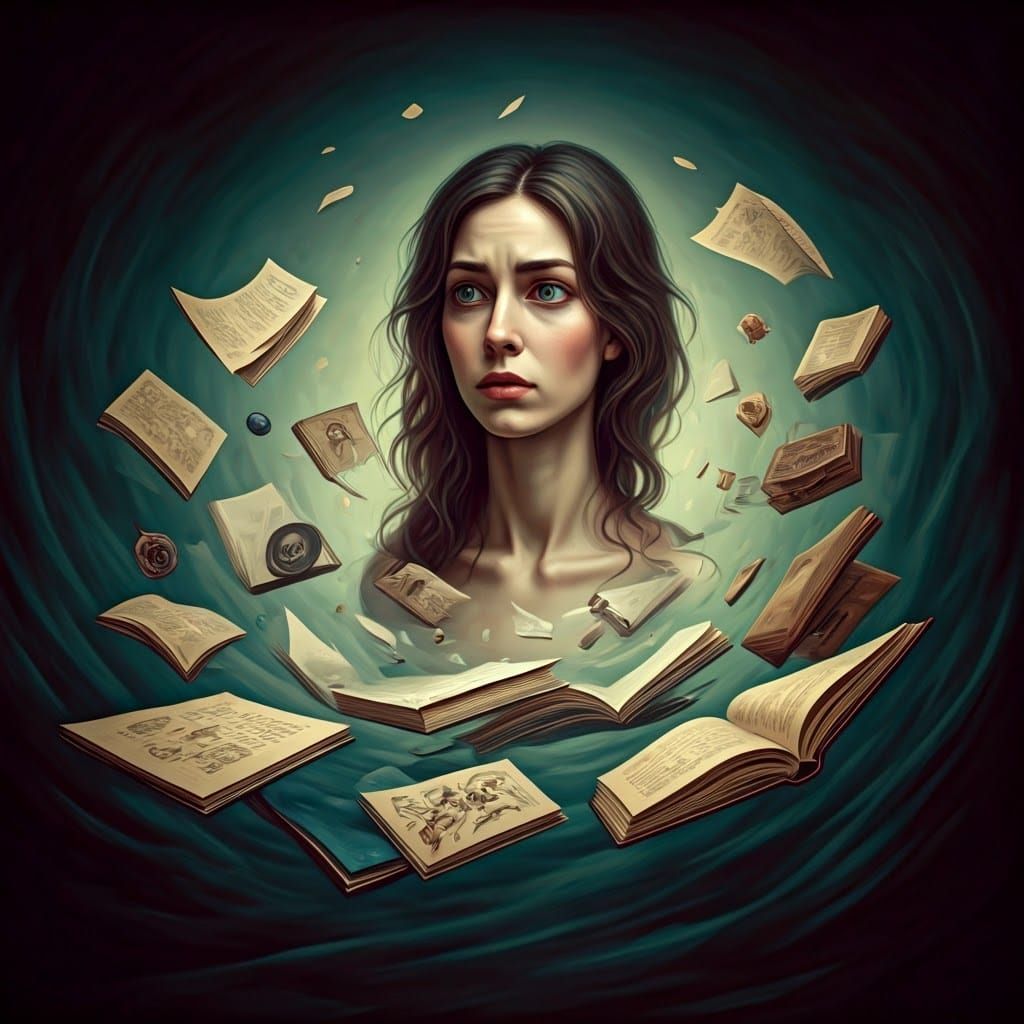 Confused Woman Surrounded by Chaos, Atmospheric Art