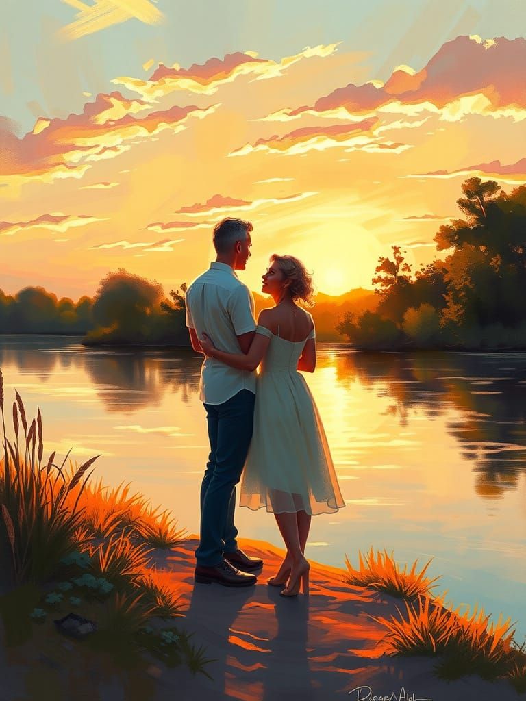 Romantic Couple Basks in Peaceful Sunset Glow