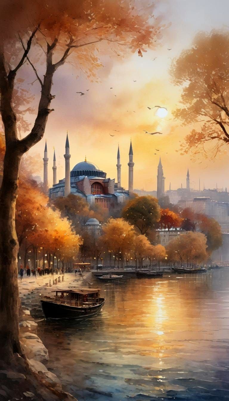 Golden Autumn Idyll on the Bosporus, Inspired by Watercolor...